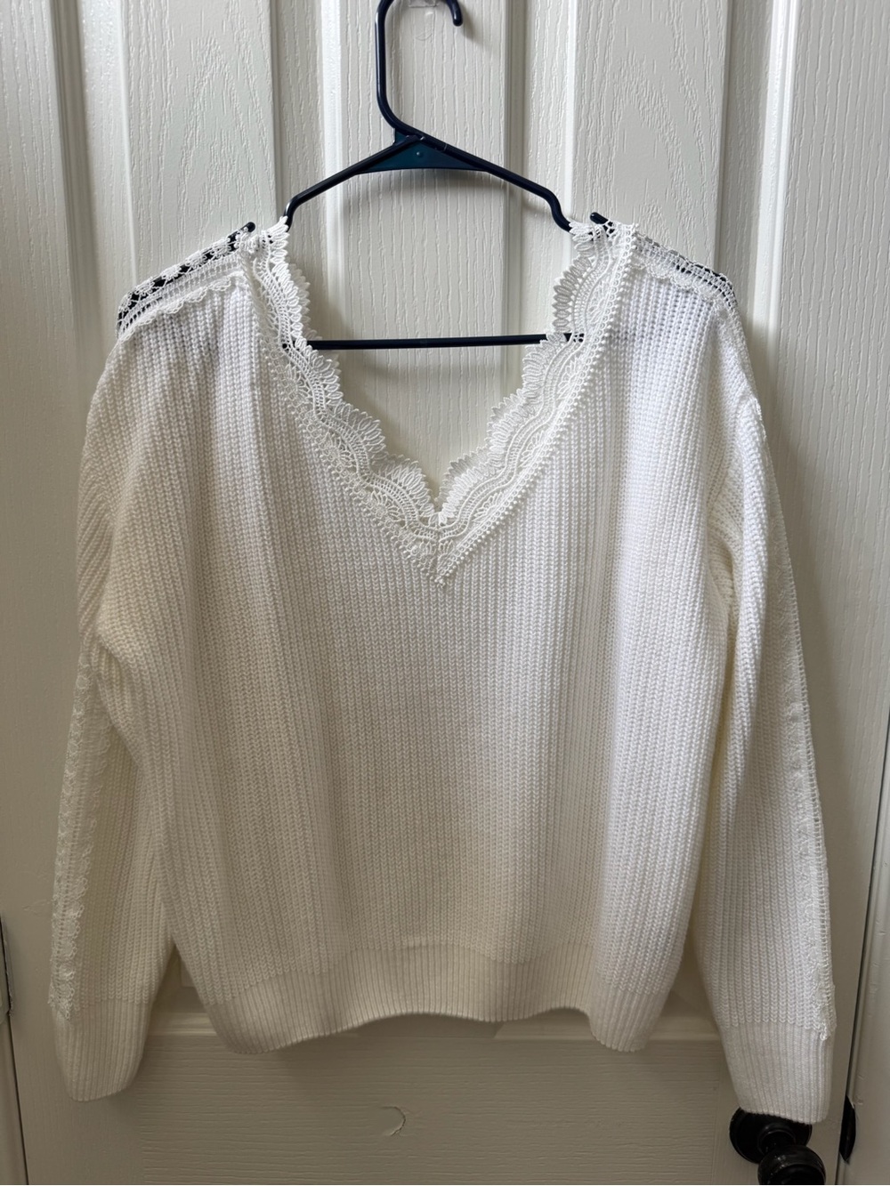 SHEIN Cream V-Neck Lace Trim Knit Sweater